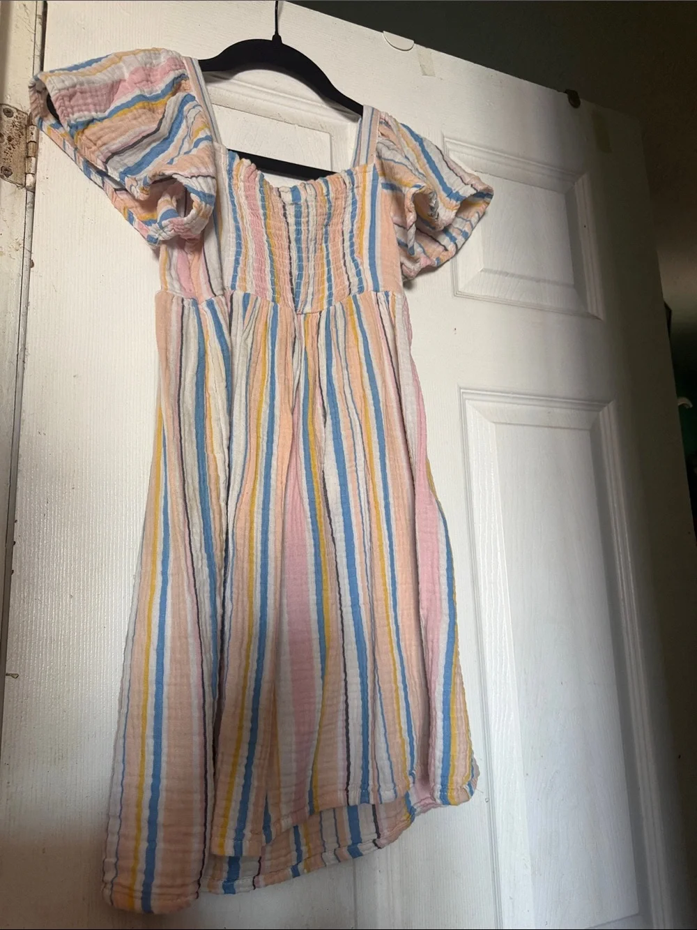 Roxy Girls Striped Pastel Flutter-Sleeve Dress - Pink Blue Yellow Cream